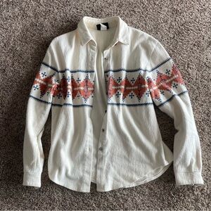 Vintage Women's Cream and Red Chamois 100%Cotton Button Down Shirt Made In USA